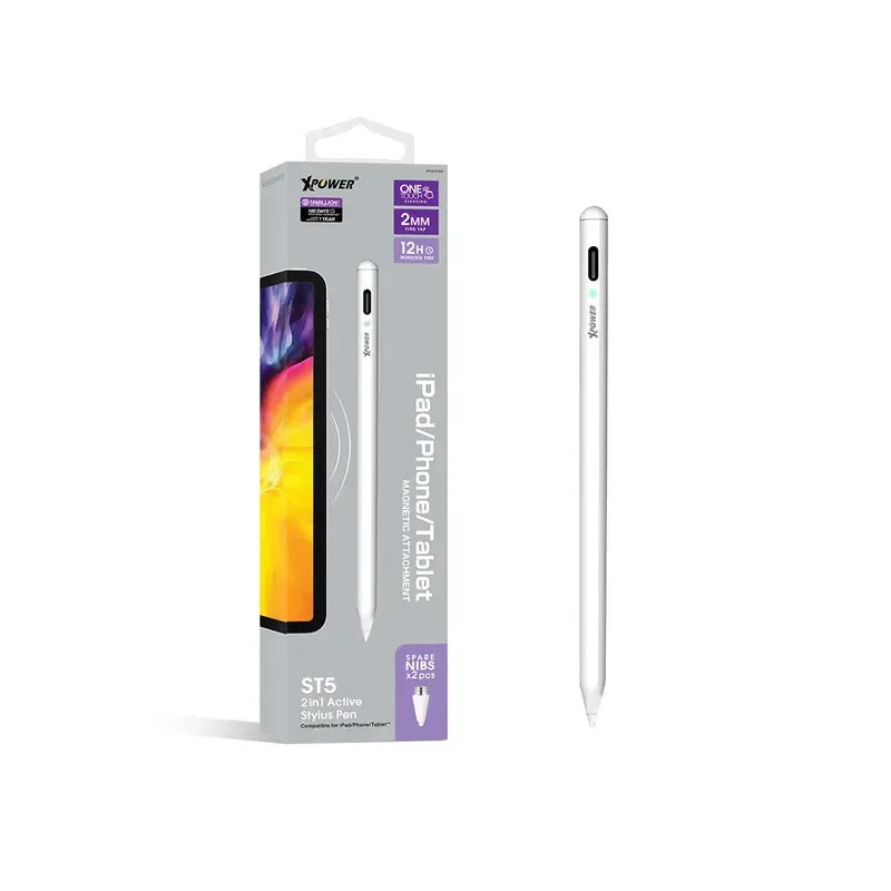 XPower ST5 2 In 1 Active Stylus Pencil For Ipad/ Phone & Tablet - White - Tashqila XPower ST5 2 In 1 Active Stylus Pencil For Ipad/ Phone & Tablet - White - Tashqila